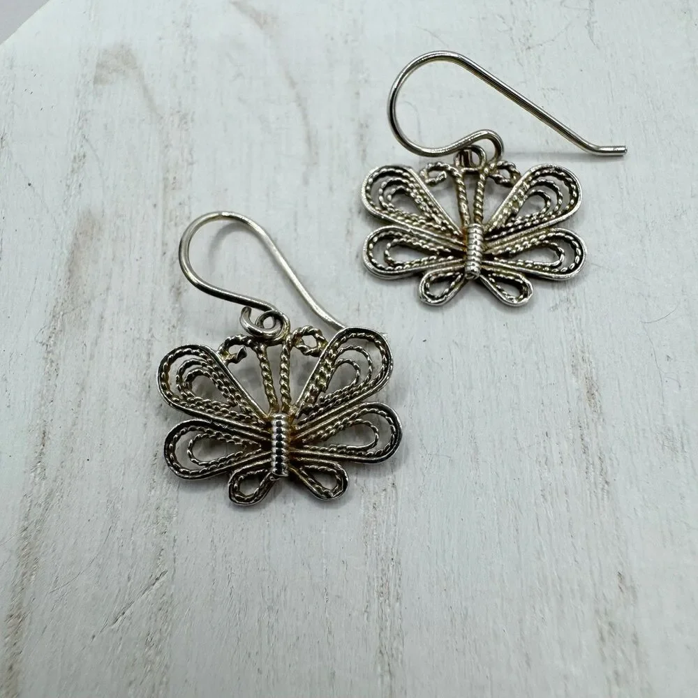 Sterling Silver Filigree Butterfly Drop Dangle Earrings whimsical Fairycore